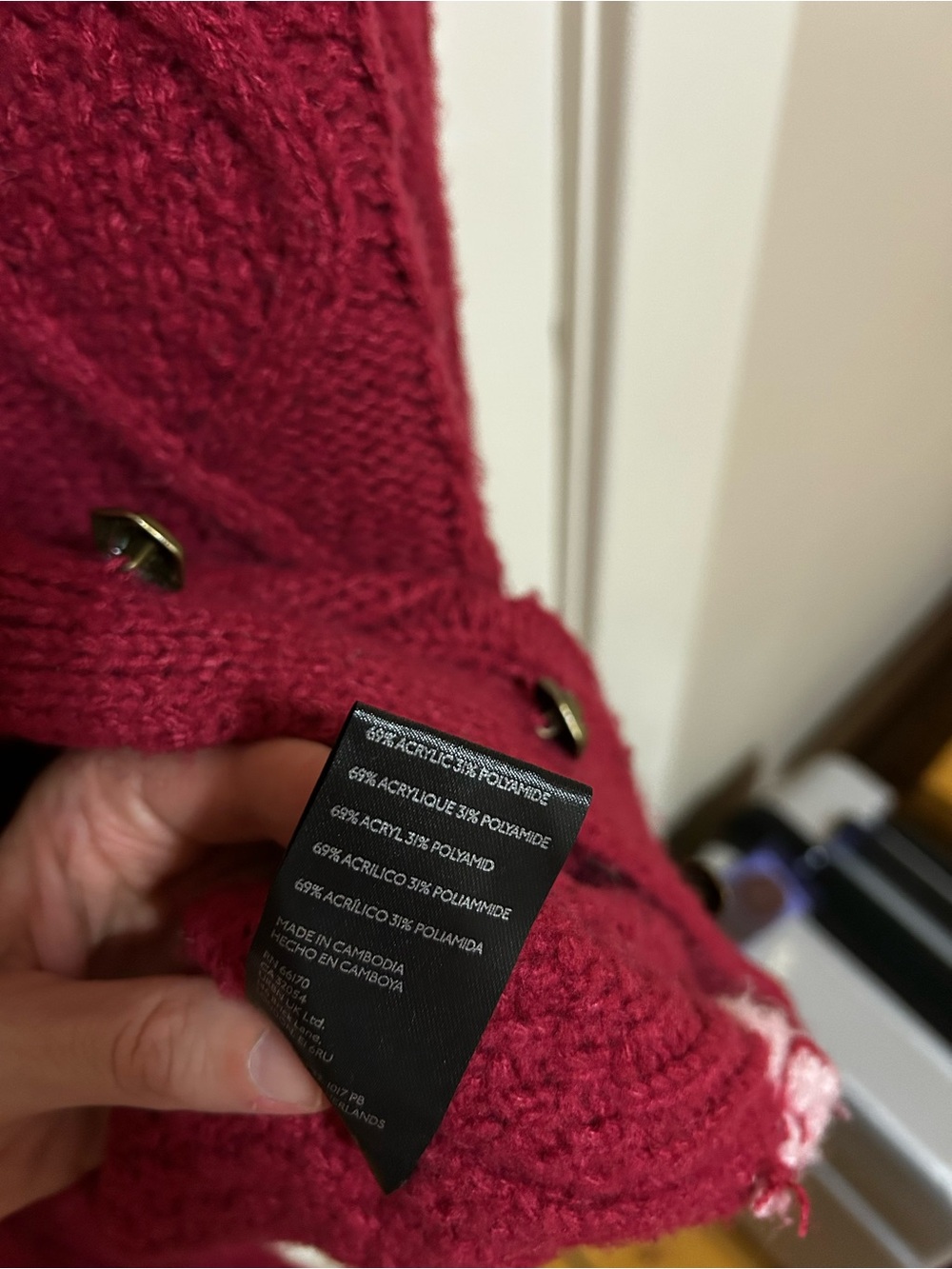 Kimchi Blue Maroon Cable-Knit Cardigan with Pink Trim and Rose Buttons - Picture 4 of 6